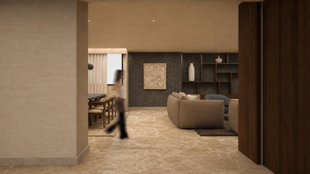 Sierra Vertientes: acceso a la sala y comedor, render de Lucila Studio